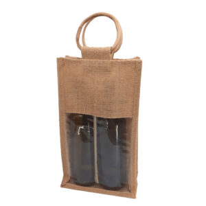 Τσάντα λινάτσα για δύο φιάλες κρασιού ή ποτού, με λαβή από ξύλο bamboo.