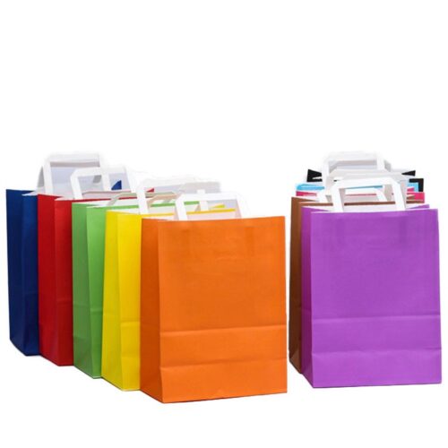 Τσάντα χάρτινη με πλακέ χεράκι σε διάφορα χρώματα. Κατάλληλη για δώρα ή εμπορικά καταστήματα. Συσκευασία: 25 τεμάχια